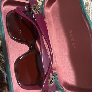Gucci Magenta Sunglasses with gold logos brown lenses nice. Case Sold.